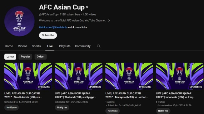 Tampilan kanal YouTube resmi AFC Asian Cup yang terlihat bakal menayangkan secara gratis rangkaian pertandingan Piala Asia 2023 termasuk laga yang melibatkan Timnas Indonesia. [Tangkapan Layar]