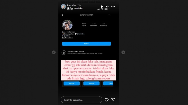 Ira Nandha minta akun palsu Elmer Syaherman di-report. (Instagram/ @iranndha)