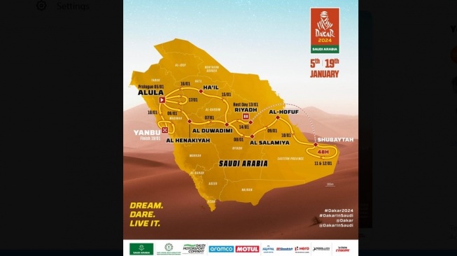 Peta Dakar Rally 2024 yang digunakan meliputi kawasan Rub Al Khali atau Empty Quarter, gurun pasir terbesar di area dunia yang mana terletak di tempat Semenanjung Arab Selatan [screenshoot Dakar Rally, X].