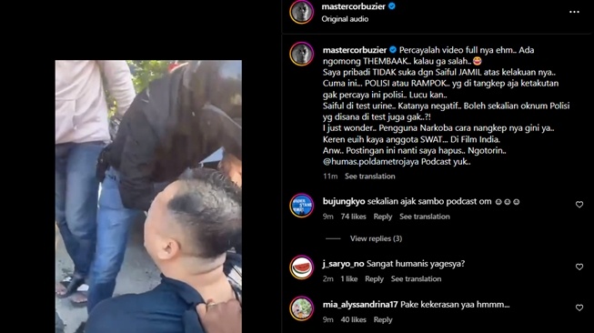 Deddy Corbuzier Kritik Cara Polisi Menangkap Saipul Jamil (Instagram)