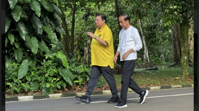 Presiden Joko Widodo melakukan olahraga bersama dengan Menko Perekonomian sekaligus Ketua Umum Golkar Airlangga Hartarto, di Kebun Raya Bogor, Jawa Barat, Sabtu (6/1/2024). (ANTARA/HO-Istana Kepresidenan)