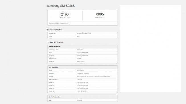 Hasil Geekbenck Samsung Galaxy S24+ dengan Exynos 2400. [Geekbench]