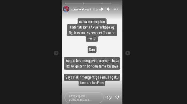 Gonzalo Algazali kesal dituding bohong terhadap ibunya (Instagram/@gonzalo.algazali)