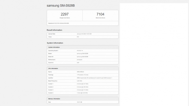 Hasil Geekbenck Samsung Galaxy S24 Ultra dengan Snapdragon 8 Gen 3. [Geekbench]