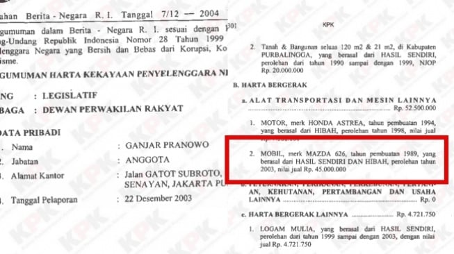 Ganjar Pranowo pernah punya Mazda tua. (LHKPN KPK)