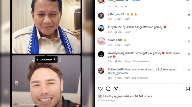 Ivan Gunawan mengunggah momen live Instagram bareng capres nomor urut 2 Prabowo Subianto di akun Instagramnya @ivan_gunawan pada Kamis (11/1/2024). (tangkap layar)