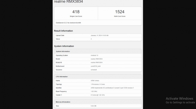 Geekbench Realme Note 50. [Gizmochina]