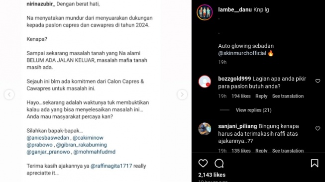 Nirina Zubir senggol Raffi Ahmad di unggahan soal berhenti dukung salah satu capres. (Instagram/@lambe__danu)