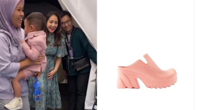 Nagita Slavina pakai rubber shoes Bottega Veneta. (Instagram/@fanpage_nagitaslavina)