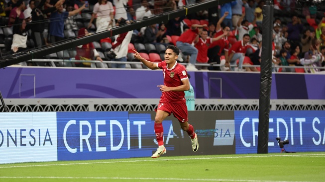 Selebrasi pemain Timnas Indonesia Marselino Ferdinan usai bobol gawang Irak dalam matchday Grup D Piala Asia 2023 (PSSI)