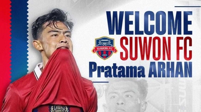 Bek sayap Timnas Indonesia, Pratama Arhan, resmi diumumkan sebagai pemain baru klub kasta tertinggi Liga Korea Selatan (K League 1), Suwon FC, Selasa (16/1/2024). [Dok. Instagram/@suwonfc]