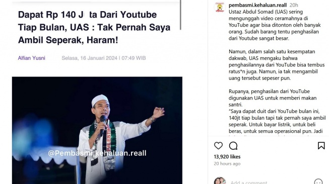 Sebuah artikel yang mengabarkan kalau Ustaz Abdul Somad tak pernah mengambil sepeserpun dari penghasilannya di YouTube. [Instagram]