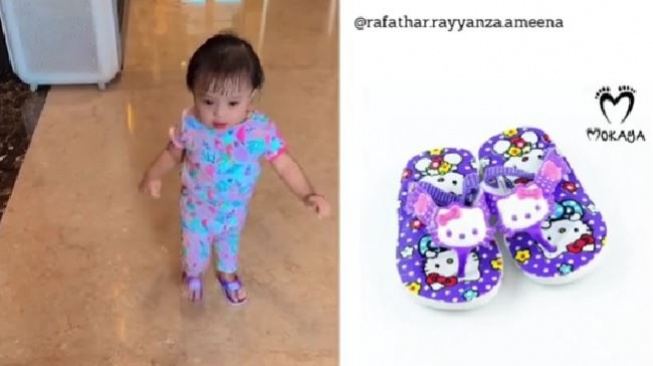 Ameena pakai sandal Rp5 ribuan. (TikTok/rafathar.rayyanza.ameena)