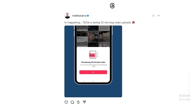 Bocoran fitur baru di TikTok, video berdurasi 30 menit. [Threads.net] 