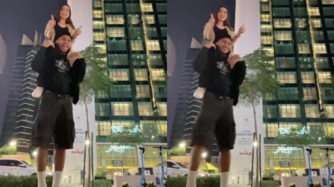 Marselino Ferdinan dan Nadia Raisya di Qatar. (kolase TikTok)