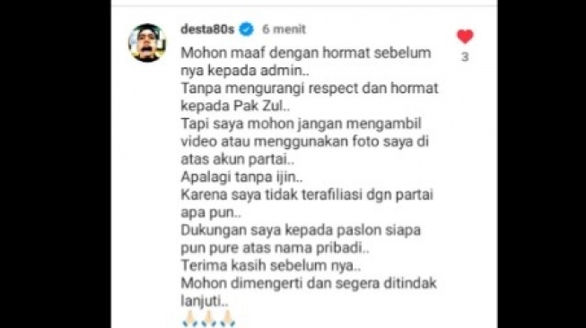 Komentar Desta di akun PAN (TikTok)