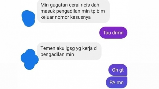 Akun Instagram @lambe__danu mengunggah chat dengan seorang warganet yang mengabarkan kalau Ria Ricis sudah menggugat cerai Teuku Ryan di Pengadilan Agama Jakarta Selatan. [Instagram]