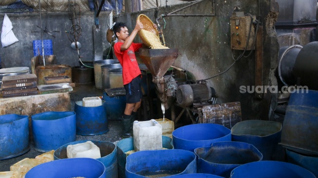 Pekerja menyelesaikan pembuatan tahu di pabrik kawasan Duren Tiga, Jakarta, Rabu (31/1/2024). [Suara.com/Alfian Winanto]