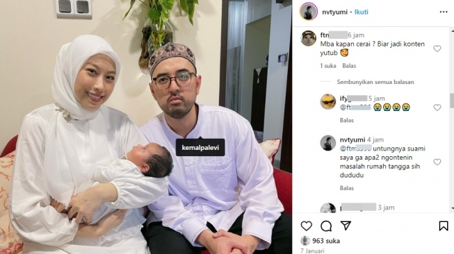 Reaksi Istri Kemal Palevi Didoakan Cerai biar Bisa Jadi Konten YouTube. (Instagram/nvtyumi)