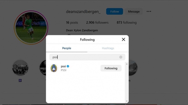 Striker Sparta Rotterdam, Dean Zandbergen follow akun Instagram PSSI, @PSSI. [Dok. Tangkapan layar/Instagram:@deanxzandbergen_]