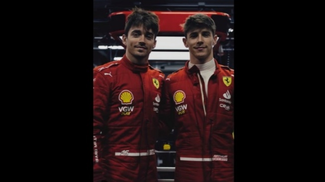 Charles Leclerc dan juga Arthur Leclerc di race suits F1 team Scuderia Ferrari [picture courtesy of Charles Leclerc].