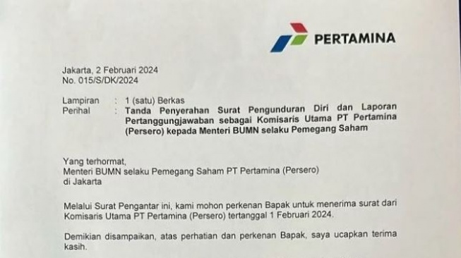 Surat pengunduran diri Basuki Tjahaja Purnama alias Ahok mengundurkan diri dari jabatan Komisaris Pertamina, Jumat (2/2/2024). [Instagram/Ahok]