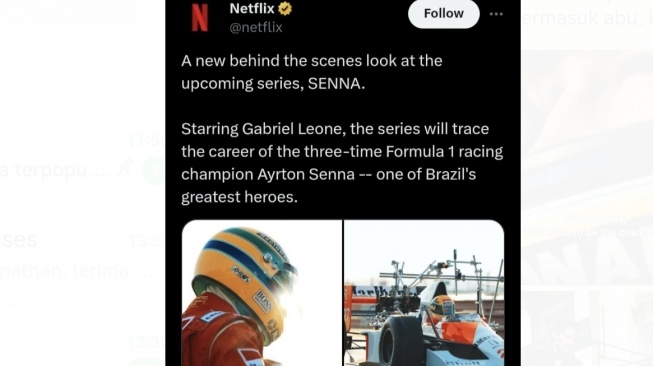 Pengumuman Netflix tentang film mini series motorsport "Senna"[screenshot X].