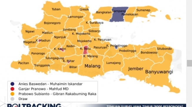 Peta sebaran pemilihan capres-cawapres di Jawa Timur menurut hasil survei Poltracking Indonesia. [tangkap layar]