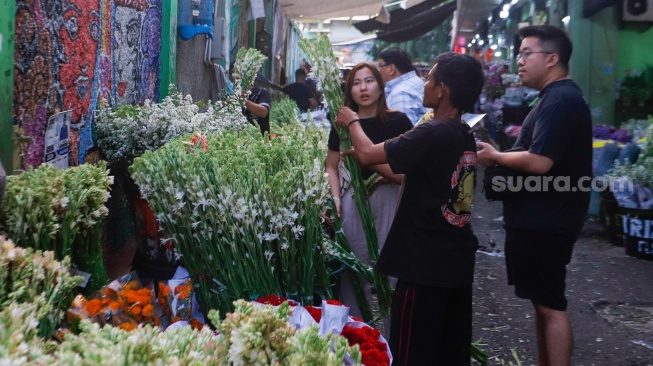 Pengunjung memilih bunga di Pasar Bunga Rawa Belong, Jakarta, Jumat (9/2/2024). [Suara.com/Alfian Winanto]