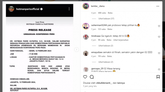 Tangkapan layar, surat press realease Hotman Paris. [Instagram/@lambe__danu]