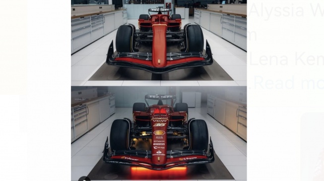 Sosok Ferrari SF-24 sebelum dipercantik (atas) dan sosoknya sesudah ditempel seluruh logo sponsor sampai desain flame [Scuderia Ferrari].