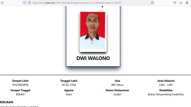 Heboh! Dwi Walono Caleg Asal Bekasi Tertulis Berusia 459 Tahun, Benarkah?