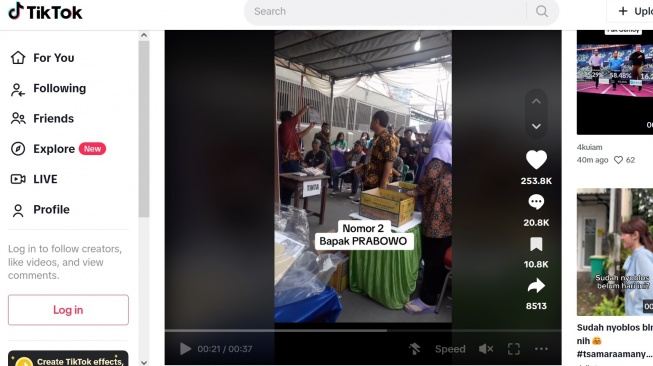 Video viral di Tiktok seolah hasil perolehan suara Pilpres 2024 untuk Prabowo Subianto di salah satu TPS. [Tiktok/captured]