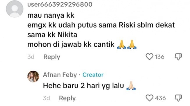 Afnan Feby sudah putus dari ajudan Prabowo, Rizky Irmansyah (TikTok)