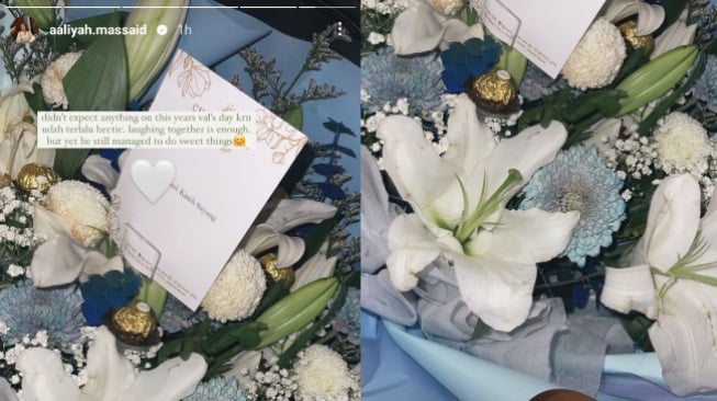 Thariq Halilintar memberikan buket bunga besar untuk Aaliyah Massaid sebagai hadiah Valentine. (Instagram/aaliyah.massaid)