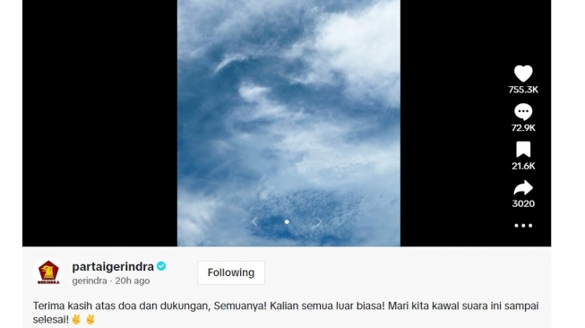 Akun Gerindra mengunggah foto langit biru dan sound Final Chapter di TikTok usai Prabowo-Gibran unggul di quick count. (TikTok/@gerindra)