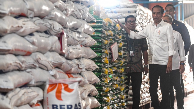 Presiden Joko Widodo (kedua kiri) meninjau persedian beras serta penyerahan bantuan pangan beras cadangan pangan pemerintah kepada Keluarga Penerima Manfaat (KPM) di gudang Bulog, Cibitung, Bekasi, Jawa Barat, Jumat (16/2/2024). [ANTARA FOTO/Muhammad Adimaja/aww]