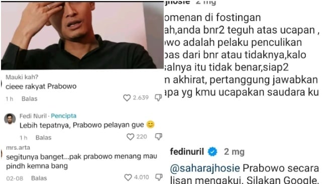 Fedi Nuril menganggap Prabowo Subianto sebagai pelayannya (Instagram)