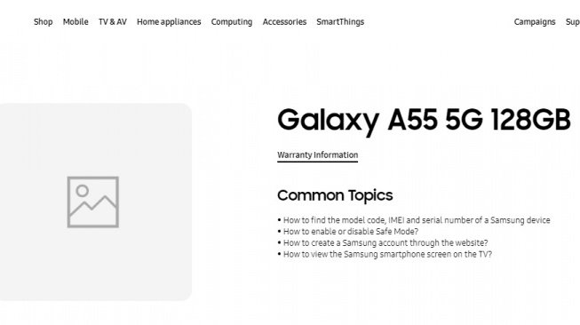 Halaman dukungan Samsung Galaxy A55. [Samsung]