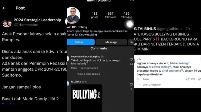 Identitas orangtua pelaku bullying SMA Binus Serpong yang dikuliti netizen. (Instagram/ lambe_danu)