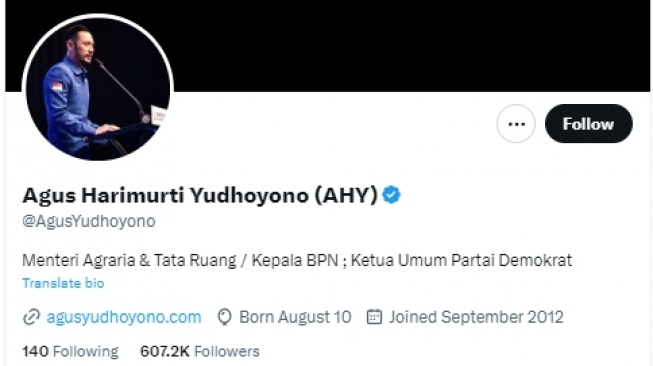 Ketua Umum Partai Demokrat Agus Harimurti Yudhoyono atau AHY menambahkan jabatan Menteri ATR/BPN pada profil akun X pribadinya. [tangkap layar X @AgusYudhoyono]