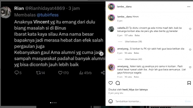 Tangkapan layar, netizen menuding anak Vincent biang masalah di Binus. [Instagram/@lambe__danu]