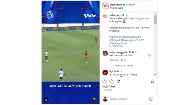 Radja Nainggolan menjawab pertanyaan di kolom komentar akun Instagram @vidiosports setelah dianggap ngambek dalam laga Bhayangkara FC vs PSS Sleman. [Dok. Vidiosports]