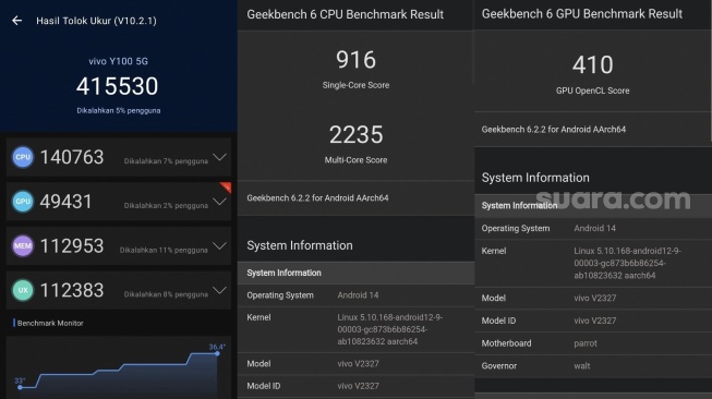 Hasil performa Vivo X100 5G di Antutu dan Geekbench. [Suara.com/Dicky Prastya]