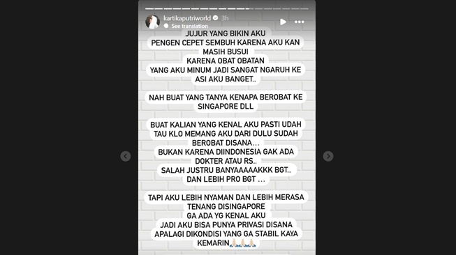 Kartika Putri beberkan alasan berobat di Singapura (Instagram)