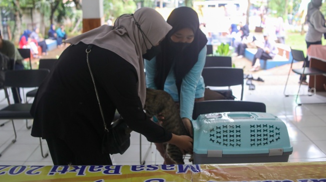 Warga membawa hewan peliharaannya untuk divaksim Rabies di RPTRA Ciganjur Berseri, Jakarta, Senin (26/2/2024). [Suara.com/Alfian Winanto]
