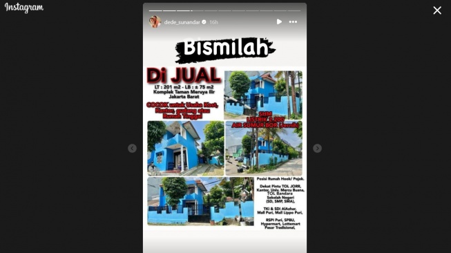 Tangkap layar unggahan Instagram Story Dede Sunandar jual rumah di Komplek Taman Meruya Ilir, Jakarta Barat (Instagram/dede_sunandar)