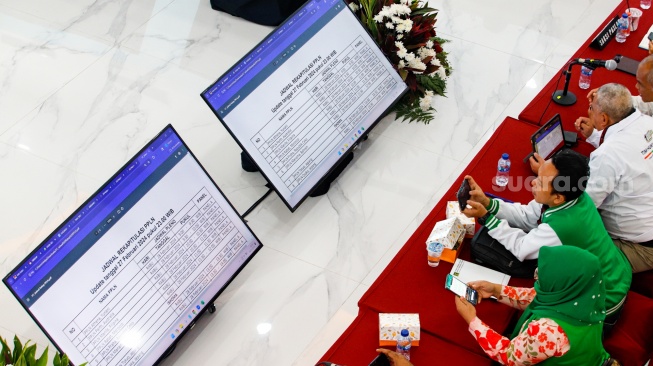 Suasana jalannya rapat pleno rekapitulasi penghitungan suara Pemilu 2024 tingkat nasional di Kantor KPU, Jakarta, Rabu (28/2/2024). [Suara.com/Alfian Winanto]