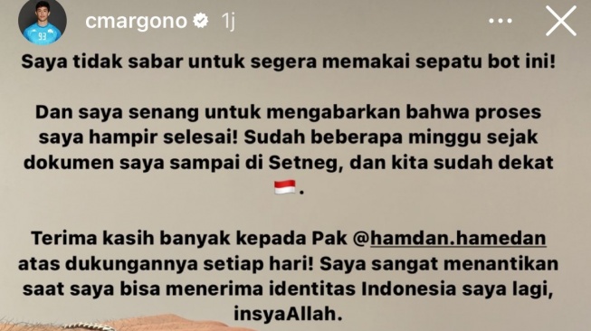 Unggahan Instagram Stories kiper keturunan Indonesia, Cyrus Margono. [Dok. IG/@cmargono]