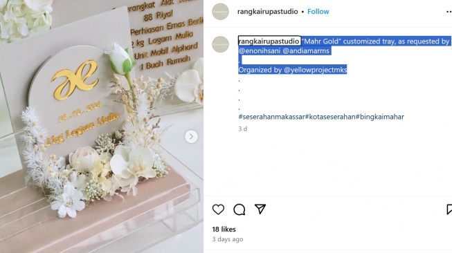 Rakyat Pusing Harga Beras, Anak Mentan Cuma Kasih Mahar Istri 2 Kg Logam Mulia [Instagram]